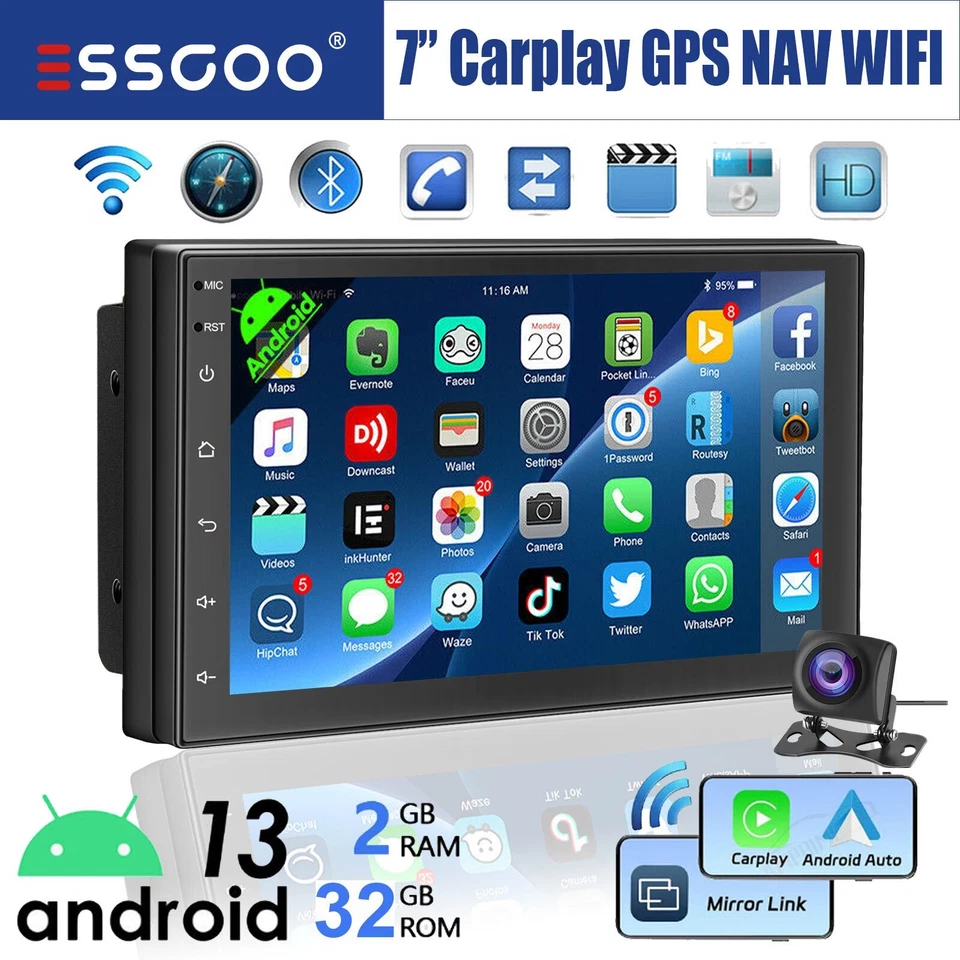 Autoradio 7 Pollici 2 DIN GPS Android 14 Carplay Bluetooth WIFI RDS EQ USB + Cam - Immagine 1 di 4