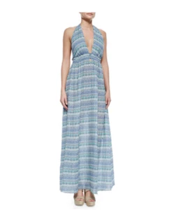 Love Shack schickes Damen Neckholder Maxikleid 2 grün blau aztekisch Baumwolle hergestellt in den USA - Bild 1 von 8