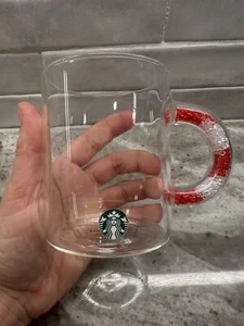 Starbucks 2021 Valentine’s Glass Clear Mug Red And White Sparkle Handle 12 oz. - Picture 1 of 6