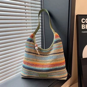 Rainbow Stripe Weave Tote Bag Casual Women Shopping Handbag Women - Picture 1 of 12