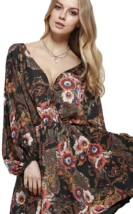 Free People Women's Boho Mini Dress Size XS Floral Paisley Bubble Sleeves - Picture 1 of 12