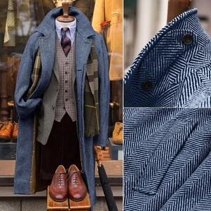 Men Overcoats Herringbone Knee Length Wool Blend Single Breasted Coats Outwear - Picture 1 of 56