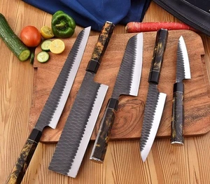 Hand-Forged 5 pcs Carbon Steel Japanese Chef Knives Set, Professional Chef Set - Picture 1 of 4