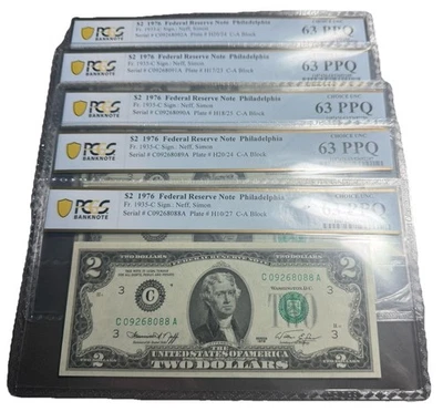 1976 $2 Federal Reserve Note PCGS Philadelphia FR#1935-C 63ppq Consecutive 5 - Image 1 of 4
