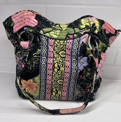 Marie by Giftcraft Quilted Shoulder Bag Floral Black Pink Green Tote Purse 13x11 - Image 1 of 4