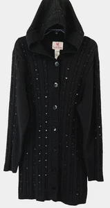 Quacker Factory Cable Knit Hooded Cardigan Sweater Sz L Black A68094 Women EM132 - Picture 1 of 4
