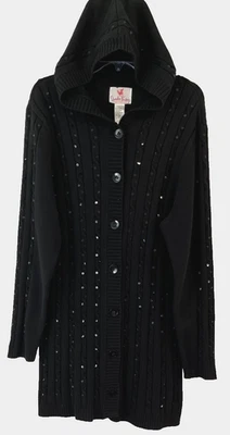 Quacker Factory Cable Knit Hooded Cardigan Sweater Sz L Black A68094 Women EM132 - Image 1 of 4