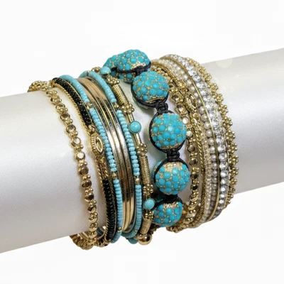Boho Chic Turquesa Tono Dorado Brazalete Conjunto Pila Estrás Cuentas Dije Foto 1 de 4