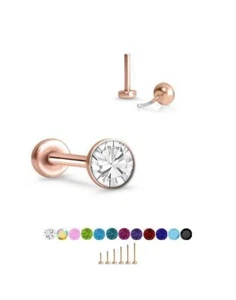Threadless Labret Nose Ring Monroe Push Pin Stud Rose Gold Steel 2.5mm CZ - Picture 1 of 14