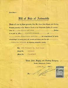 1953 PLYMOUTH CR. CLUB COUPE BILL OF SALE W/ .10c REVENUE STAMP NETHERLANDS - Picture 1 of 2
