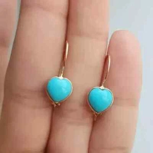 Lab-Created Turquoise Heart Shape 14k Yellow Gold Plated Women Dangle Earrings - Picture 1 of 5