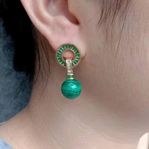 Y·YING Natural Green Gemstone Earrings Malachite Round Cz Pave Stud Drop Earring - Picture 1 of 6