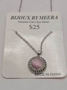 Bijoux by Meera Necklace, Genuine Cat's Eye Stone pink Stone Circle Rhinestones - Picture 1 of 2