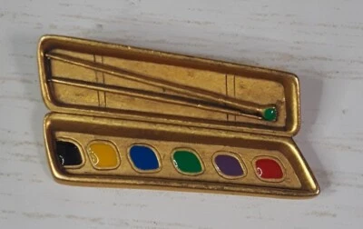 Broche prendedor vintage Danecraft caja de pintura acuarela palet tono dorado Foto 1 de 4