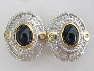 Diseño griego 14k. Pendientes de diamantes y zafiro azul cabujón de oro de dos tonos, nuevos Foto 1 de 4