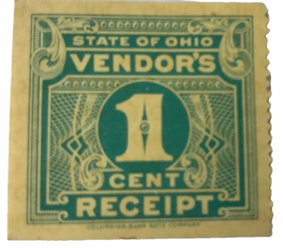Vintage 1930s Ohio Vendor's 1c Receipt Prepaid Sales Tax Columbian Bank Note Co. - Image 1 of 2