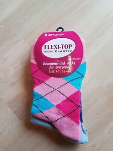 Ladies 3 Pack Loose Non Elastic Argyle Socks Size 4-7