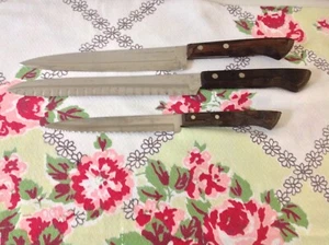 3 VTG EKCO FLINT 6, 8, 9" Fluted Blade ARROWHEAD USA Knife knives Wood Handles - Picture 1 of 6