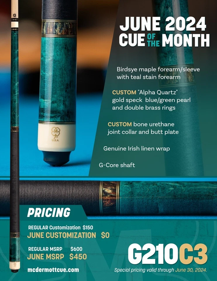 MCDERMOTT CUE McDermott G210 C3 Pool Cue w/ 12.75 G-Core Shaft, COTM, FREE HARD CASE
