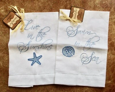 2~MUD PIE Sea Shell Beach Coastal Theme French Knot Embroidered Towels 21x14~NWT - Image 1 of 4