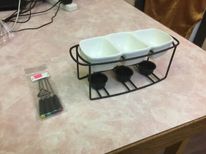 Distinction Trudeau 9 piece Triple Dip or Fondue Set Stoneware Racks Forks - Picture 1 of 2