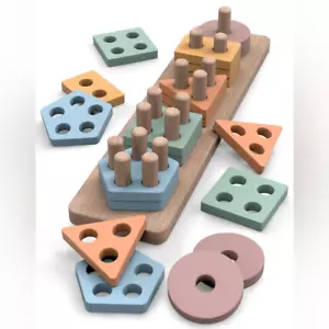 Montessori Toys for 18+ Months Toddlers Wooden Sorting & Stacking Blocks Shapes - Picture 1 of 9