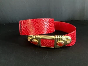 JUDITH LEIBER RED SNAKESKIN GEMSTONE BELT W/DUSTBAG - Picture 1 of 11