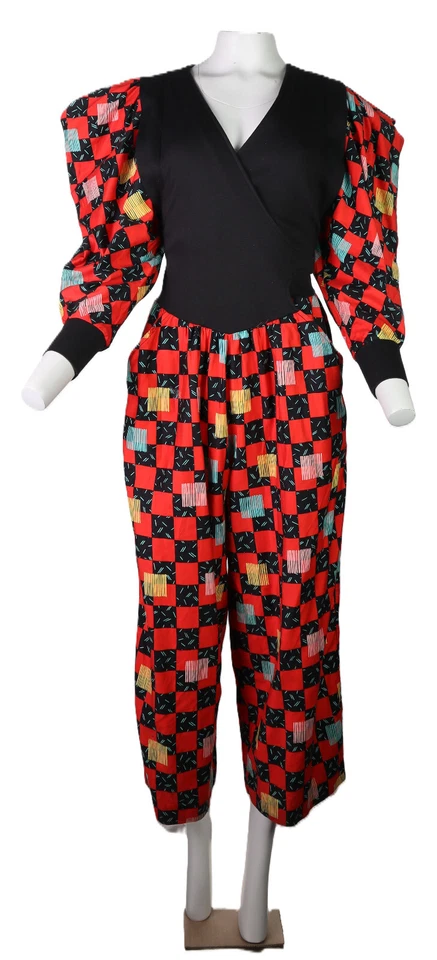 Vtg 80s JEANNE MARC Women’s SP PS MP PM Red Black Print Wrap Jumpsuit Big Sleeve - Image 1 of 4