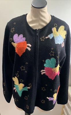 Quacker Factory  100% Wool Black Zip Front Cardigan Christmas Sweater -Angels - Image 1 of 4