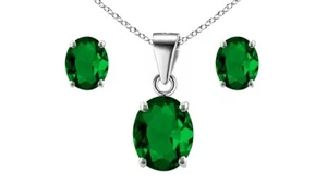 925 Sterling Silver Emerald Oval Cut Pendant Necklace and Earring Set For Women - Picture 1 of 6