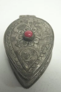 Vintage Middle East Pill or Trinket Box Silver Metal w/Red Stone- Hand Made - Picture 1 of 5