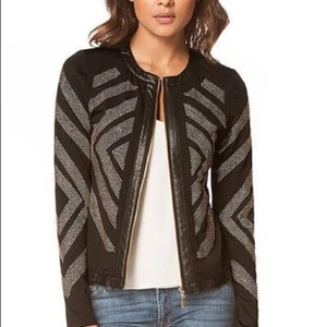 CARMIN Black Embellished Gold Chevron Stripe Zip Jacket Faux Leather Trim Sz.M - Picture 1 of 23