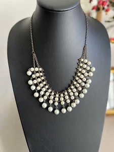 Vintage Pearl Dark Bronze Dangle Bib Statement Necklace - Picture 1 of 4
