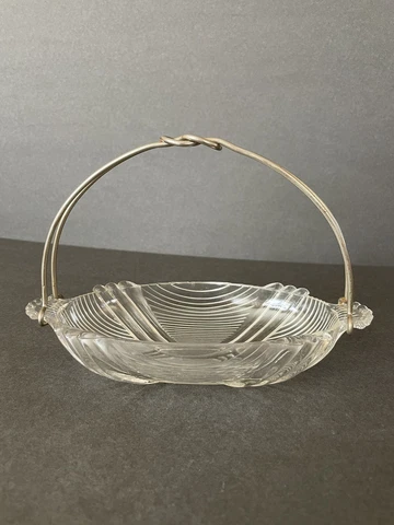Vintage Clear Glass Basket Dish With Metal Handle Cover