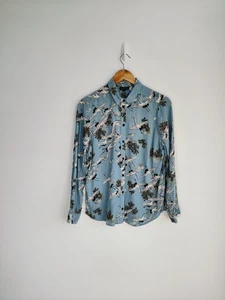 Topshop Womens Shirt Size 10 Light Blue Floral Bird Print Blouse Long Sleeve - Picture 1 of 10