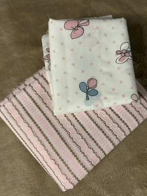 Vintage Calico Fabric Lot 3 YDS-Pink Stripe & Precious Moment Bunny Quilt Sew - Image 1 of 4