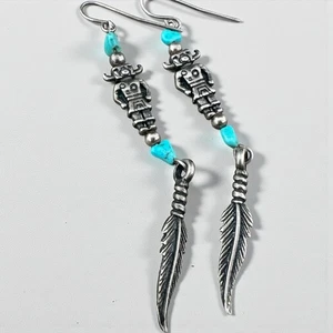 Southwest Sterling Silver Turquoise Kachina Feather Earrings 925 Dangle Horned - Picture 1 of 5