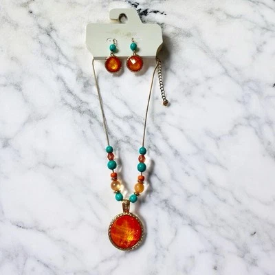 Orange Turquoise Necklace & Earrings Set Gemstone Gold Boho Western Indie *NEW* - Image 1 of 4