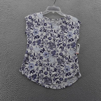 Tahari Womens Floral Print Cap Sleeve Curved Hem Linen Top White Blue NEW - Image 1 of 4