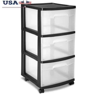3 Drawer Plastic Storage Cart with Clear Drawers Rolling Organizer Bedroom Kitch - Image 1 of 4