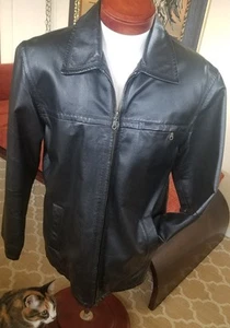 Mens Black Leather Car Coat w/Quilted Lining Size S to M - Picture 1 of 6