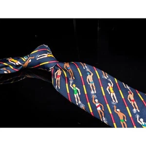Alynn Neckwear Silk Tie Navy Multicolor Swimming Motif Mens Designer Necktie - Picture 1 of 5