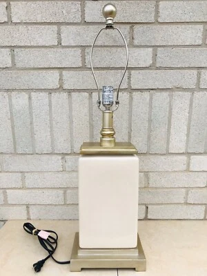 Antique Cream Table Lamp Crackle Ceramic Glaze Rectagular Antique Gold Base - Image 1 of 4