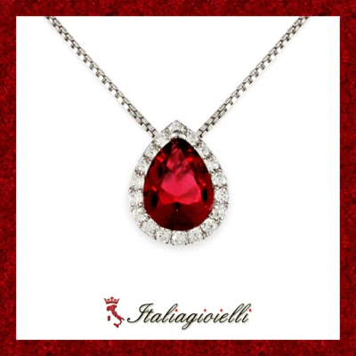 Fiabesca Collana Brillante Goccia con Rubino in Argento 925 Rodiato Oro Bianco - Immagine 1 di 4
