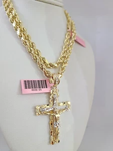 14k Gold Rope Chain Necklace Set 6mm Nugget Cross Charm Pendant 18"-28" inch - Picture 1 of 7