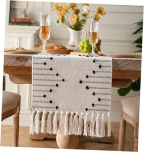 Boho Table Runner 13 x 90 Inch Long Natural Cotton Woven 13x90Inch Black Beige - Picture 1 of 7