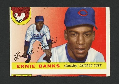 1955 Topps #28 Ernie Banks Vertical Miscut #6 Stan Hack Shows Below Chicago Cubs - Image 1 of 2