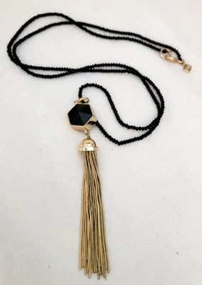 Banana Republic Black Faceted Crystal Seed-bead Gold Tone Tassel Necklace 32" L - Image 1 of 4