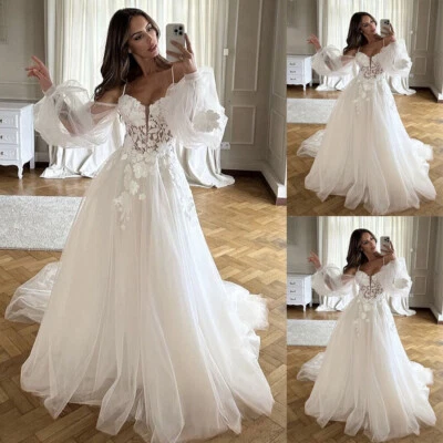 Boho Wedding Dresses Spaghetti Flower Off Shoulder Lace Puff Sleeve Bridal Gowns - Image 1 of 4