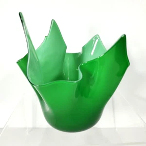 1950s Art Glass Green White Folded Handkerchief Vase Bowl 5.5" Italy; Venini? - Picture 1 of 8